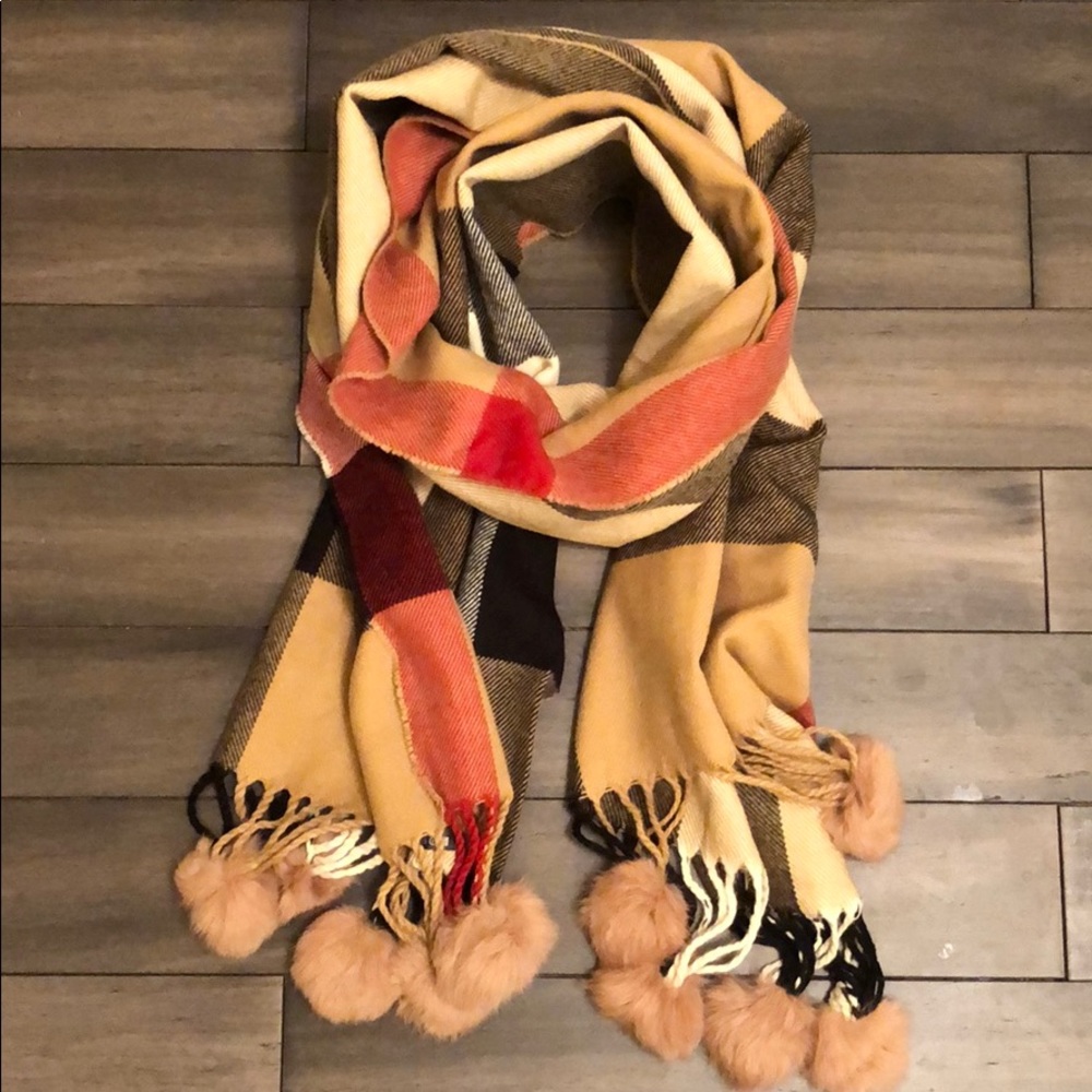 Large plaid wrap or scarf with rabbit fur pom poms